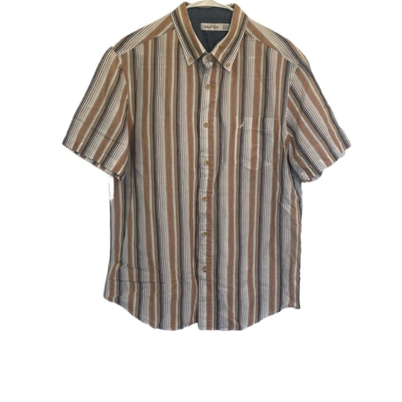 Nautica Men’s Linen Blend Orange Beige White Striped Button Down Shirt Sz L - Picture 1 of 5
